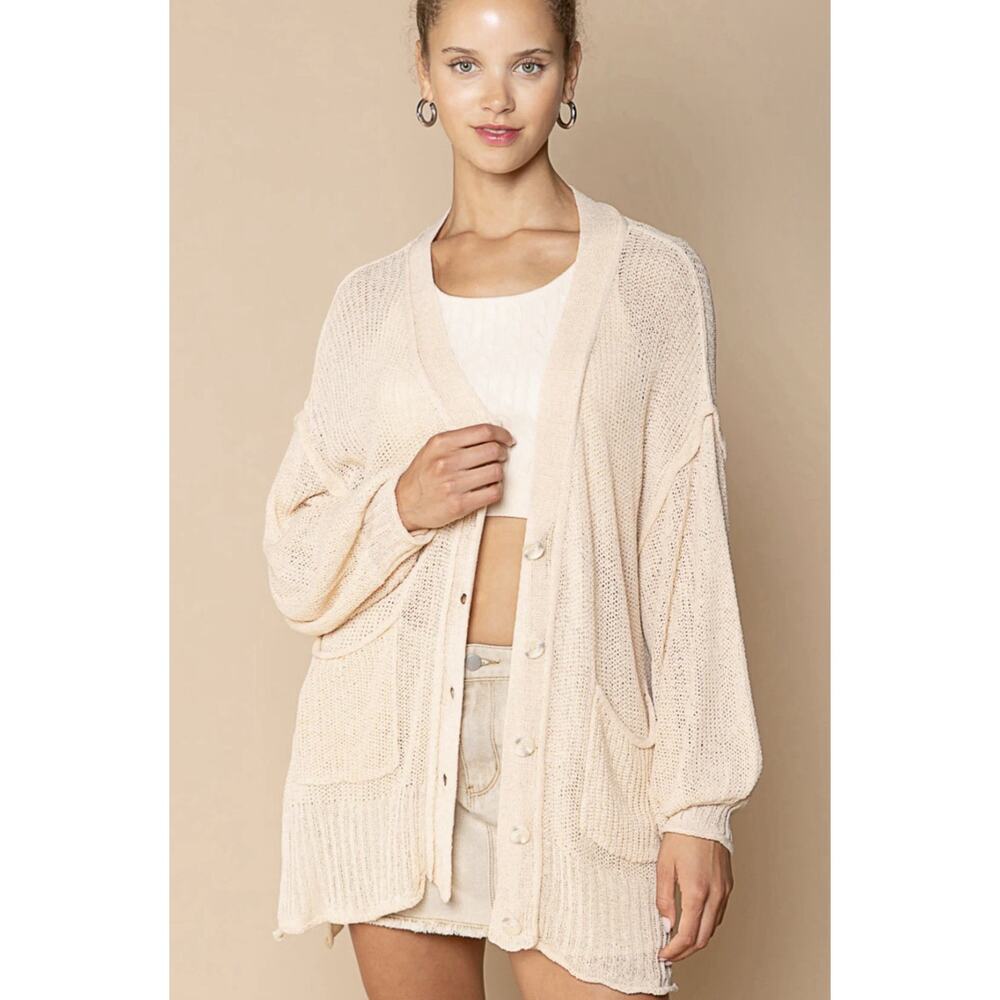 Harper Heritage Long Sleeve Beige Button‎ Up Open Knit Mesh Cardigan Size Medium